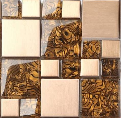 Sample Sleek Amber Glass And Brushed Copper Effect Stainless Steel Mosaic Tiles Sheet Mt0087