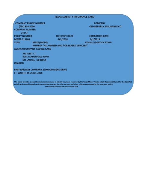 Texas Liability Insurance Card Template | PDF