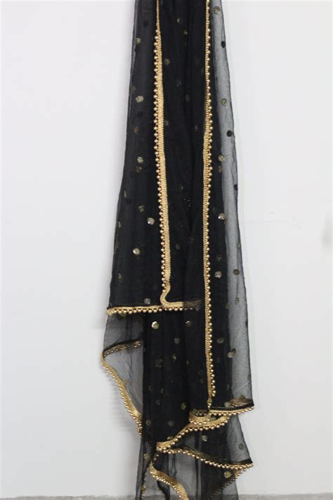 Black Net Dupatta With Golden Sequins Motifs Gold Border Net Dupatta