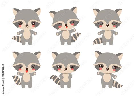 Vetor De Cartoon Raccoon Kawaii Style Emoji Funny Raccoons Character