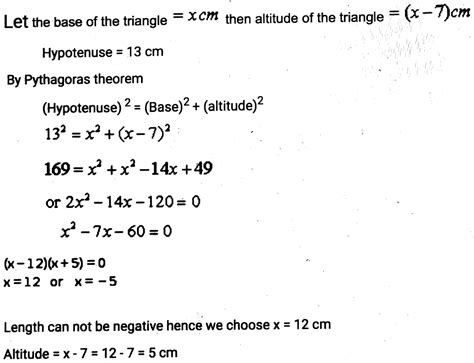 The Altitude Of A Right Triangle Is Cm Less Than Its Base If The