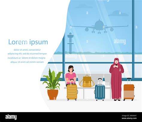 Vector Illustration Airport Muslim Woman Use Cell Phone Girl With