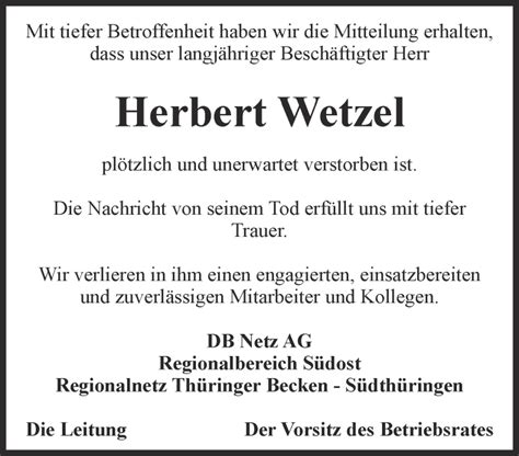 Traueranzeigen Von Herbert Wetzel Trauer In Thueringen De