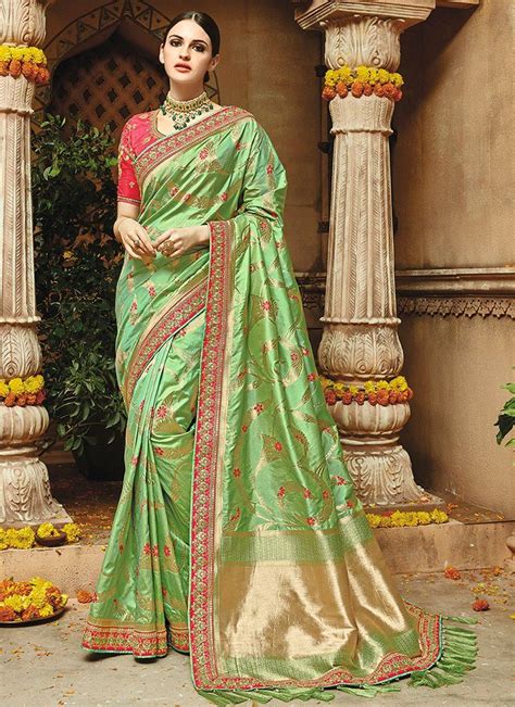 Light Green And Hot Pink Embroidered Silk Saree Features A Gorgeous Pure Silk Jacquard In