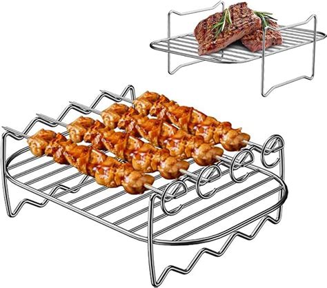 Grill Rack For Dual Basket Air Fryers2pcsstainless Steel Multi Layer Rack With 4 Skewers