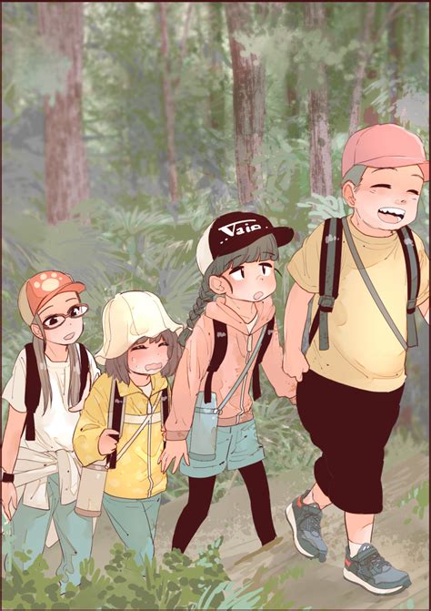 Safebooru 1boy 3girls D Backpack Bag Baseball Cap Black Hair Braid Brown Hair Closed Eyes