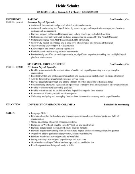 Senior Payroll Specialist Resume Samples Velvet Jobs