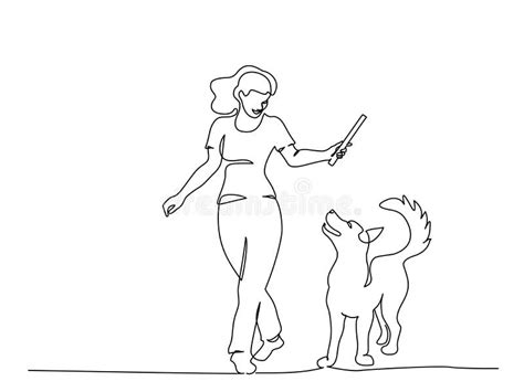 Mujer Entrenando Perro Con Palo Arte Continuo De Una Línea Ilustración