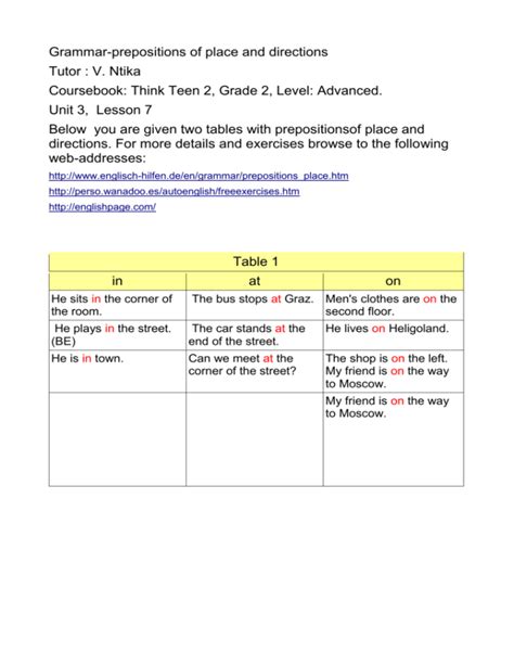 Grammar Prepositions Of Place And Directions