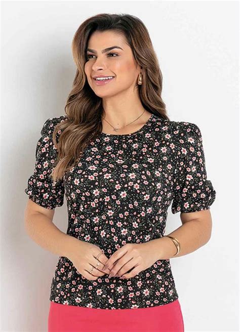 Blusa Manga Floral Preta Moda Evang Lica Queima De Estoque