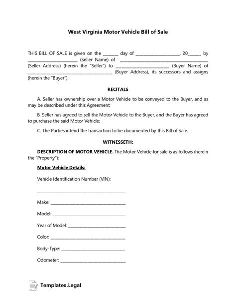 West Virginia Bill Of Sale Templates Free Word Pdf Odt