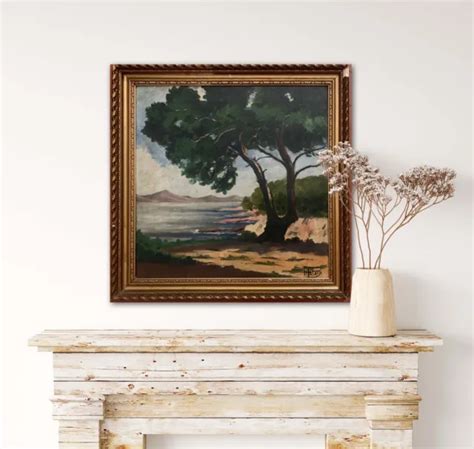 Ancien Tableau Peinture Huile Paysage Fauve Marine Pin De Bord De Mer