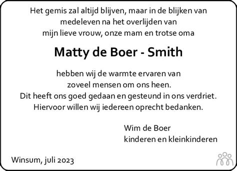 Martje Willemina Matty De Boer Smith Overlijdensbericht En