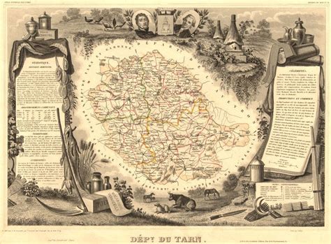 Département du TARN Decorative antique map carte by Victor LEVASSEUR 1852