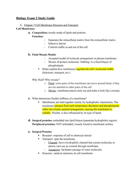 Bio Exam 2 Study Guide Biology Exam 2 Study Guide 1 Chapter 7 Cell