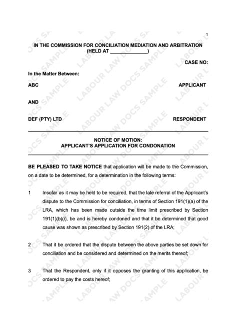 CCMA Rule 9 Application For Condonation NOM And Affidavit Labour Lab