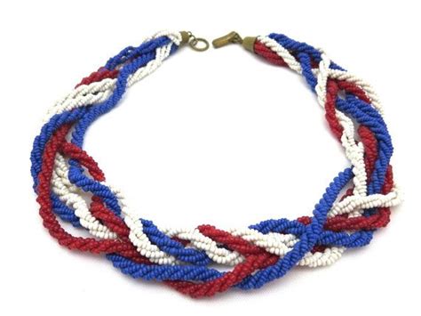 Red White And Blue Necklace Woven Seed Beaded Nautical Etsy Blue Necklace Red And White