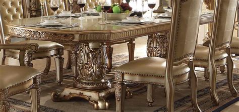 Acme Vendome Dining Table With Double Pedestal Gold Patinabone 63000 At