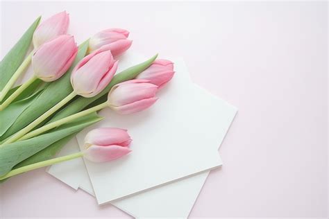 Three Pink Tulips Tied Together In White Notebooks Background High