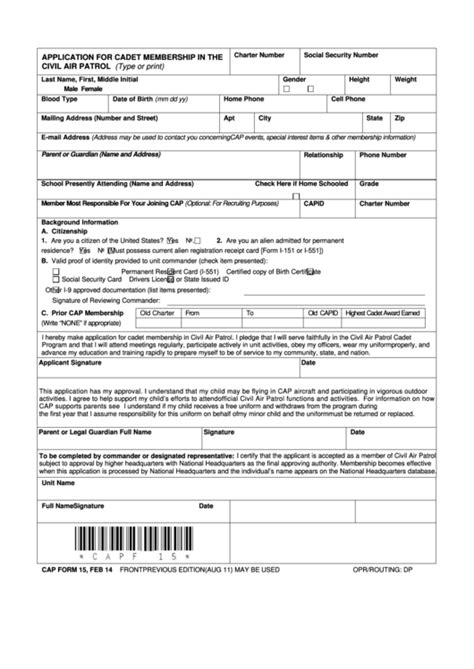 Fillable Cap Form 15 Application For Cadet Membership In The Civil