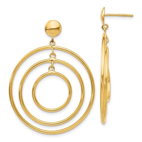 14k Yellow Gold Triple Circle Dangle Post Earrings Tc490