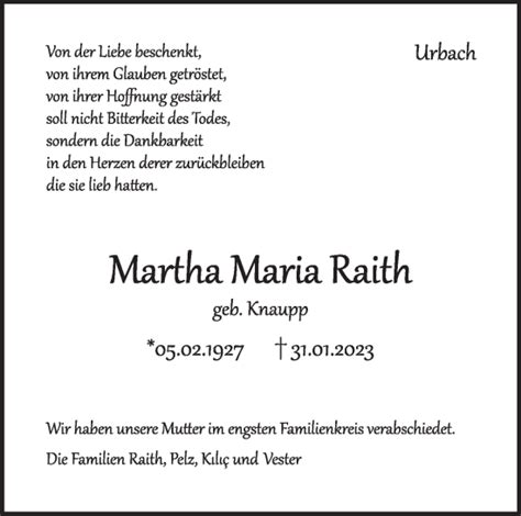 Traueranzeigen Von Martha Maria Raith Stuttgart Gedenkt De