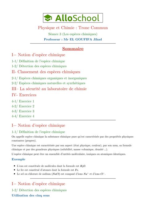 Solution Les Especes Chimiques Tronc Commun Physique Chimie Studypool