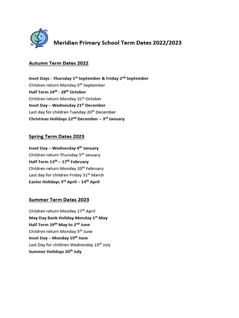 Meridian Primary School Term Dates 2022 2023 | PDF