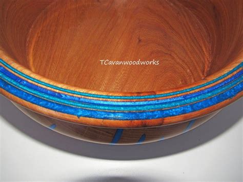 Large Wood Turned Bowl Inlaid Blue Epoxy Resin Unique Carved Etsy