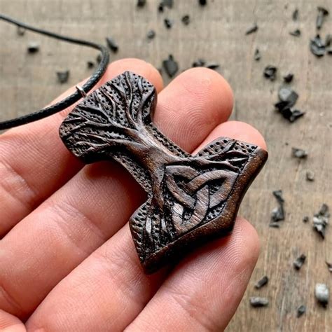 Unique Walnut Wood Mjolnir With Yggdrasil And Triquetra Pendant