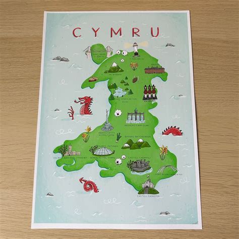 A4 Map Of Wales Illustrated Map Map O Gymru Cymru Cymraeg Landmarks