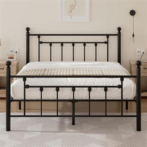 Vecelo 60 In W Black Queen Size Bed Frame Heavy Duty Metal Platform Premium Steel Slat With