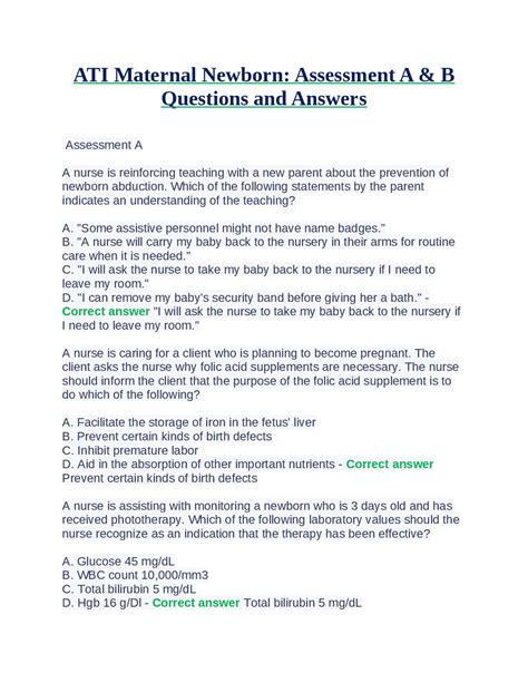 Ati Maternal Newborn Assessment A And B Questions And Answers Exams