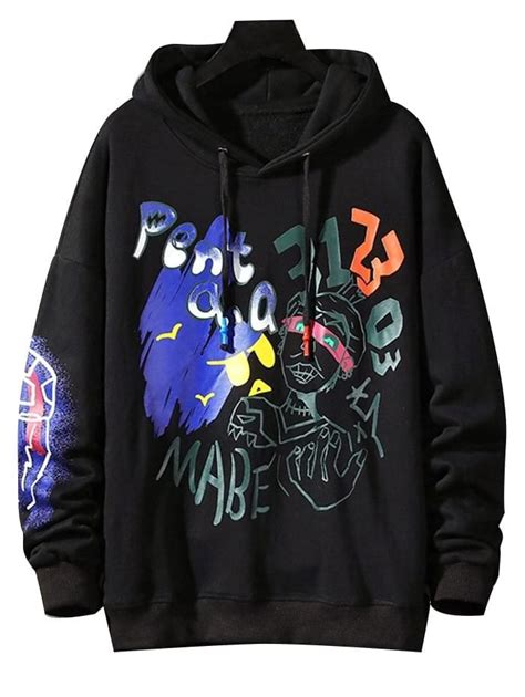 Funny Graphic Print Streetwear Hoodie Black Light Gray Online Mens