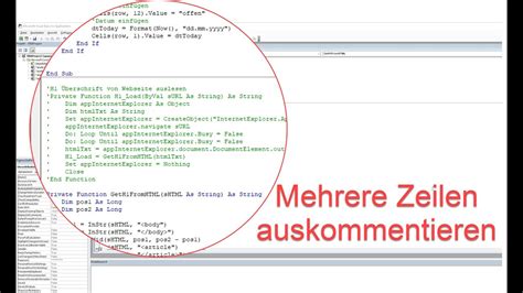 Vba Mehrere Zeilen Auskommentieren Youtube