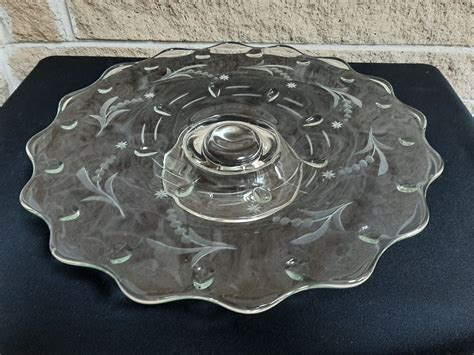 Vintage Indiana Glass Teardrop And Etched Short Pedestal Cake Plate Low Cake Stand Footed