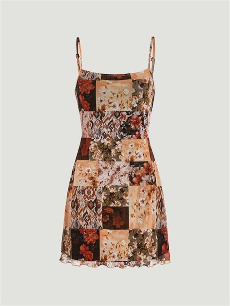 SHEIN MOD Patchwork Print Lettuce Trim Cami Dress SHEIN USA