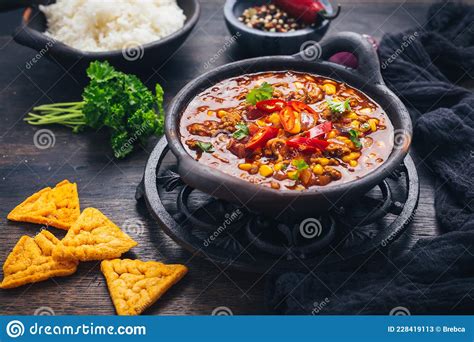 Bowl of Chili Con Carne with Rice and Toppings Stock Image - Image of ...