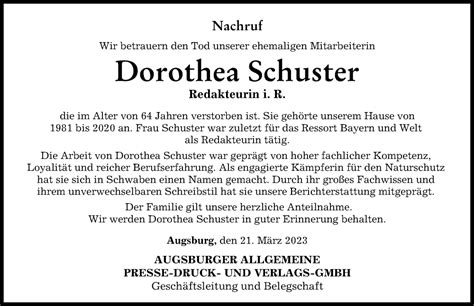 Traueranzeigen Von Dorothea Schuster Augsburger Allgemeine Zeitung