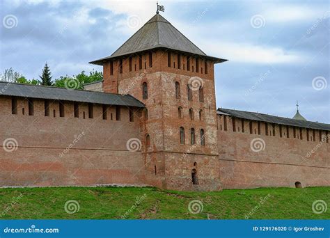 Red Brick Towers And Walls Of The Kremlin Fortress In Veliky Nov Stock