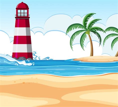 Premium Vector Beach Scene With Lighthouse