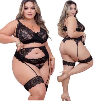 Lingerie Sexy plus Size CINTA LIGA conjunto 3 peças Renda SRABELO