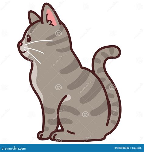 Simple And Adorable Gray Tabby Cat Sitting In Side View Outlined Stock