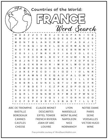 France Printable Word Search Puzzle Word Search Addict