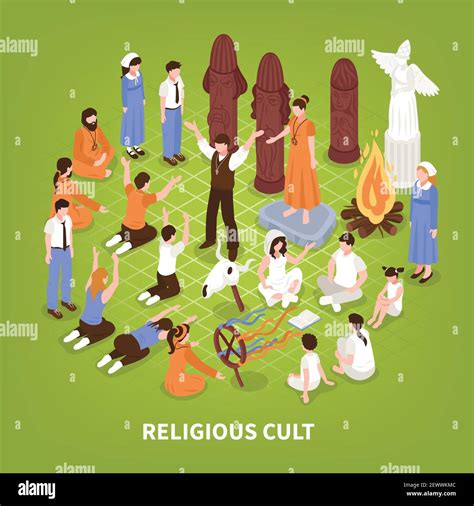 Isometric religious cult background composition of human characters of ...