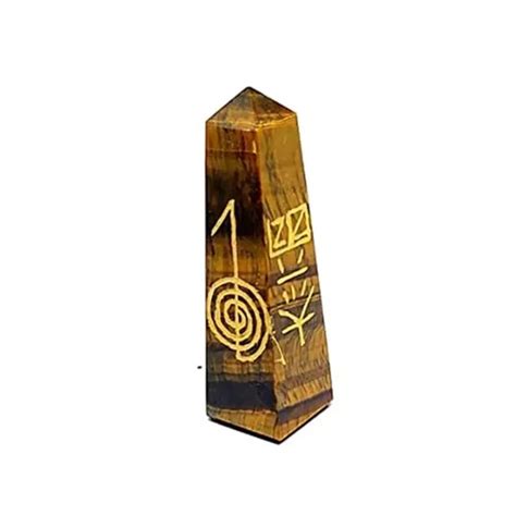 Astroghar Natural Tiger Eye Crystal Reiki Symbol Engraved Wand Tower