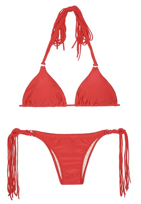 Rio De Sol Long Fringe Red Triangle Bikini Franja Red