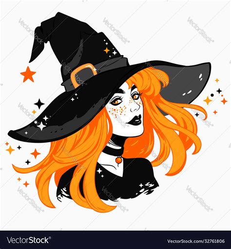 Beautiful Witch In A Classic Hat And Flowing Hair Vector Image