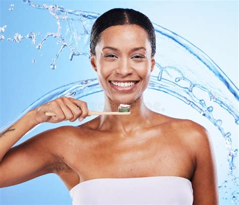 Black Woman Toothbrush Or Smile With Water Splash For Health Skincare