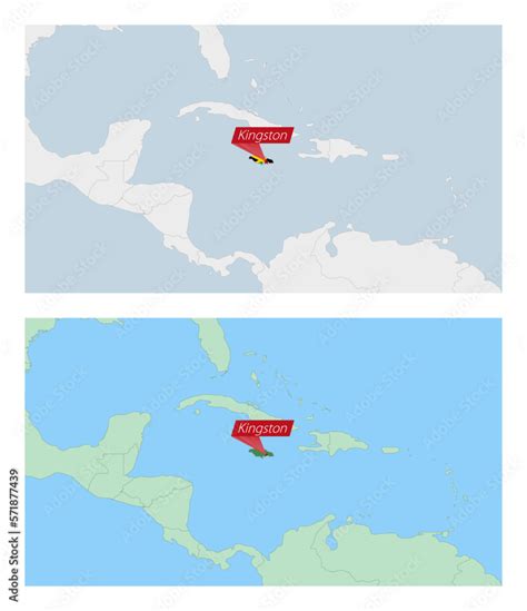 Jamaica map with pin of country capital. Two types of Jamaica map with ...